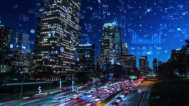 Downtown Los Angeles at Night. Highway Full of Traffic. Holographic Icons and Charts over Time-lapsed View of I110 Harbor Freeway, Technology, Internet of Things,  Transportation