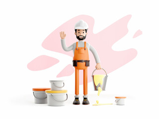 builder painter plasterer cartoon character, funny worker or engineer with buckets of paint