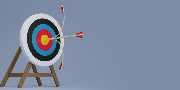 3D render two Arrows hit the center of the target on a dartboard on blue background. Minimal target with arrows. Business finance target concept. 3d rendering illustration.