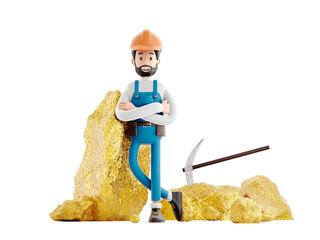 Gold digger character miner mining gold on white background, 3d Rendering.