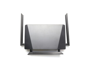 Wireless router. wireless wi-fi black router with four antennas isolated on white background. High speed internet connection.