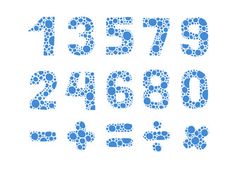 Set of hand drawn numbers and math signs. Blue bubbles.