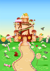 Candy land with a sweet castle decorated with cream and chocolate stands in a fairytale glade. Fairy tale country sweet background. Vector illustration.