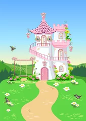 Fotobehang Fairy tale castle of a beautiful princess with a spiral staircase, towers, windows, a door and a swing. Vector illustration. © liana2012