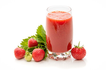 glass with strawberry juice, berries and strawberry leaves and ice cubes on white background