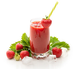 glass with strawberry juice, berries and strawberry leaves and ice cubes on white background