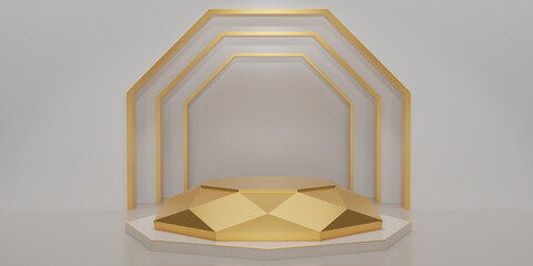 Gold hexagon cube, Golden diamond pedestal podium with white marble on base in the white room. Concept scene stage showcase, product, promotion sale, banner, presentation, cosmetic. 3D rendering.