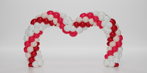 3D renders The balloon entrance arch in the shape of a heart. White, and red Balloons in the shape of a heart, Gate, or Portal on a white background. 3d Rendering illustration.