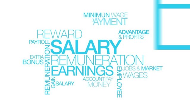 Salary, remuneration  earnings income contract,  benefit salaries minimum wage payroll,  management planning sale reward business words tag cloud blue text white background