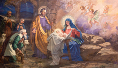 Fototapeta VALENCIA, SPAIN - FEBRUAR 17, 2022: The painting of Adoration of shepherds in the church San Salvador y Santa Monica from 20. cent. obraz