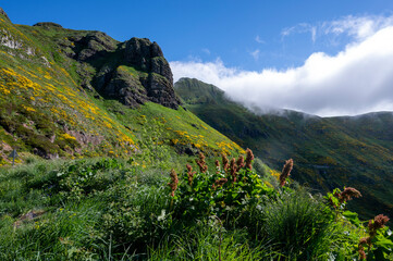 Fototapeta na wymiar Paysage des Monts du Cantal au printemps dans le Parc Régional Naturel des Volcans d'Auvergne en France autour du Puy Mary et du Pas de Peyrol