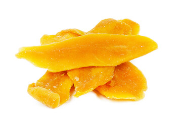 Dry mango slices on white background, dehydrated snack.