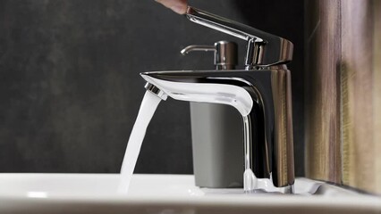 Hand's slowly turns on the water in the bathroom faucet. Clear, clean water flows from the tap.