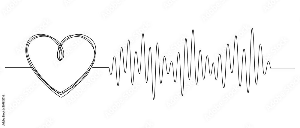 Poster One continuous line drawing of doodle heart with pulse. Sound wave romantic symbol in simple linear style. Divider shape with Editable stroke. Heartbeat vector illustration