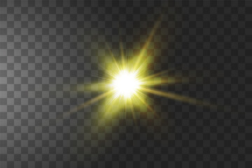 Bright yellow shining sun Isolated on transparent background. Glow light effect. Vector illustration