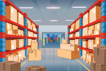 Perspective view of warehouse with cardboard boxes on racks. Interior of storage room in store, factory, market, hardware store. Vector cartoon illustration.
