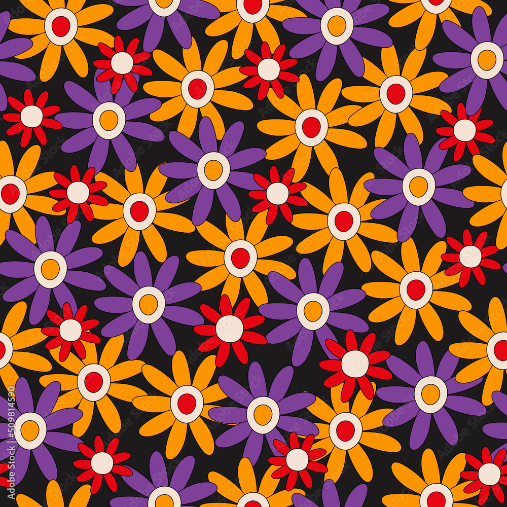 Poster retro seamless pattern of colorful hippie flowers on a black background. vintage festive groovy bota