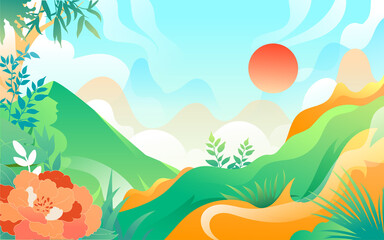 Fototapeta na wymiar People travel on vacation with various plants and buildings in the background, vector illustration