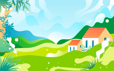 Fototapeta premium People travel on vacation with various plants and buildings in the background, vector illustration