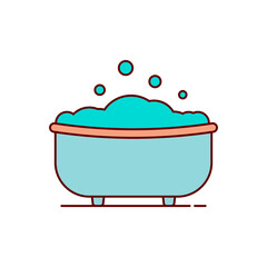 Bathtub with foam and bubbles. Colored vector illustration on a white background. Outline and line style.