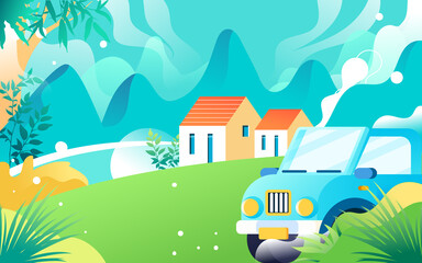 People travel on vacation with various plants and buildings in the background, vector illustration