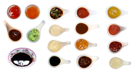 collection of sauce in a white spoon isolated on white background with a Clipping path Use For menu design