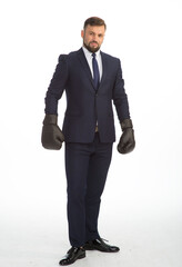 businessman in a business suit and boxing gloves posing on a white background isolated in full growth with a variety of emotions