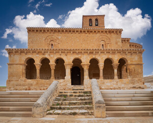 Facade of the Romanesque church of San Miguel in the town of San Esteban de Gozmar in Soria.