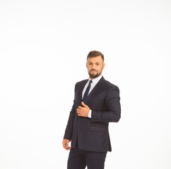 young businessman in a suit posing with different emotions on a white background in the studio isolated in full growth