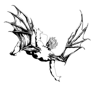 Falling Angel, Phaeton, hand-drawn illustration of classic and tattoo art 