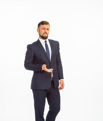 young businessman in a suit posing with different emotions on a white background in the studio isolated in full growth