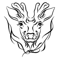 Head of a roe deer vector portrait animal antler with leaf ornament. Hand drawn deer, sketch black and white  illustration on white background. Simple Vector of roe head. Linear drawing.