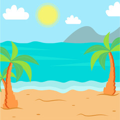 Summer landscape. The beach, the sea with palm trees. Vector illustration.