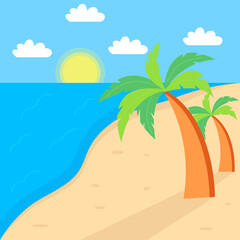 Fototapeta na wymiar Summer landscape. Beach, sun, sea with palm trees. Vector illustration.