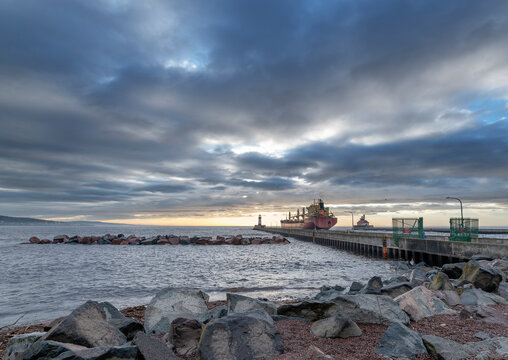 Early morning view of a ship leaving the canal at Duluth