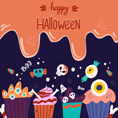 Halloween sweets background. Candy monsters and happy Halloween inscription. Caramel smudges for the holiday