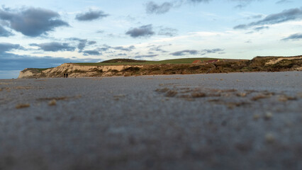 Seascape of the opal coast of Cap Blanc Nez, showing the Monument at Cape white Nose France on top of the chalk cliffs. High quality photo