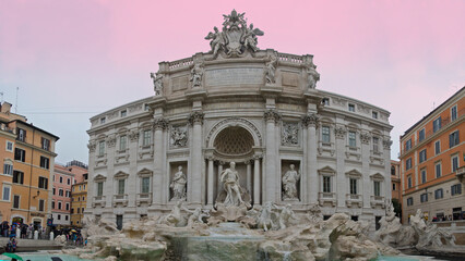 Fototapeta premium Fontana di Trevi, Full front facade with a blue-purple gradient sky background