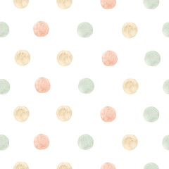 Watercolor seamless pattern with pastel color dots. Isolated on white background. Hand drawn clipart. Perfect for card, fabric, tags, invitation, printing, wrapping.