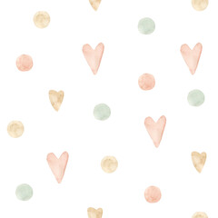 Watercolor seamless pattern with pastel hearts and dots. Isolated on white background. Hand drawn clipart. Perfect for card, fabric, tags, invitation, printing, wrapping.