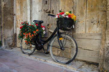 Una vecchia bicicletta coperta di fiori appoggiata ad un portone di legno in un vicolo di Matera