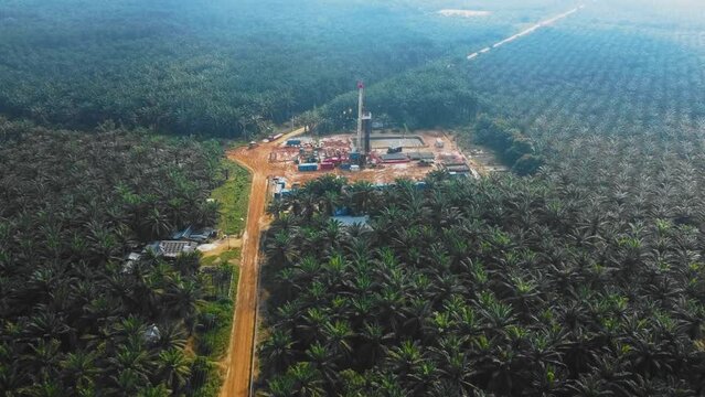 Cinematic Onshore Drilling and Workover Rig structure and Rig equipment for oil exploration and exploitation in the middle of jungle surrounded by palm oil trees during sunset time.