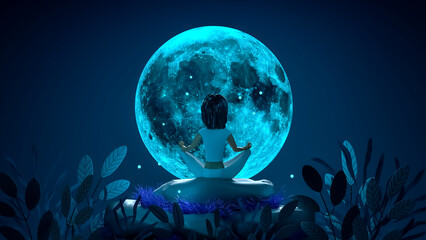 A girl meditates sitting on a rock, against the background of a huge neon moon. 3D Render