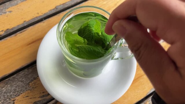 Fresh mint tea with leaves outdoors