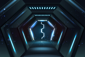 3d realistic vector illustration banner. Sliding hexagonal opening doors with neon lights and corridor.  © Real Vector