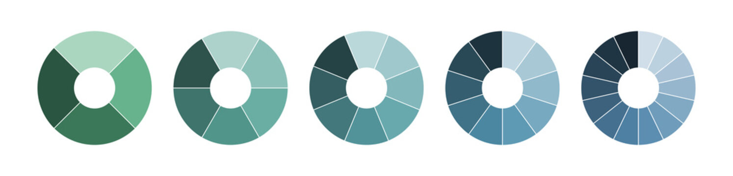Set of pie chart diagrams. Circles cut on 4, 6, 8, 10 and 14 slices with empty middle. Shades of green and blue gradient on white background, simple flat design.