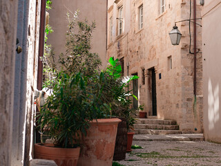 Fototapeta na wymiar old town street view, stone buildings, hot summer day, narrow streets