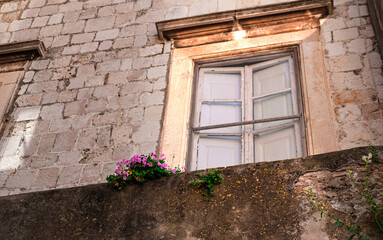 stone old building in europe, wooden windows, flower in the wall