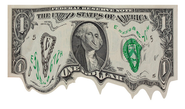 One dollar bill modified and distorted as liquid paint dripping.