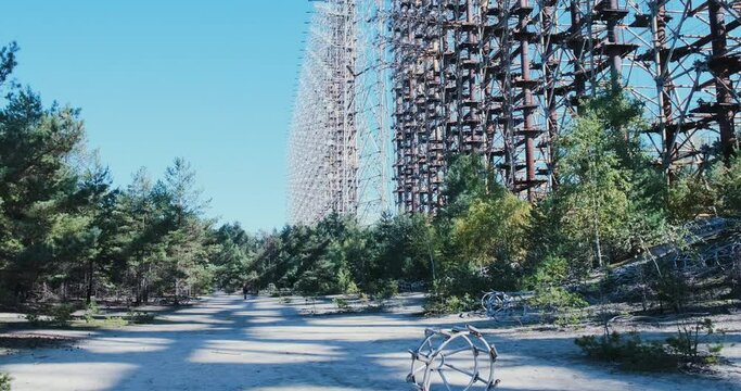 Duga two, military radar in Chernobyl, cold war, secret object, large radar for tracking the launch of intercontinental missiles. Russian woodpecker, legacy of the USSR.